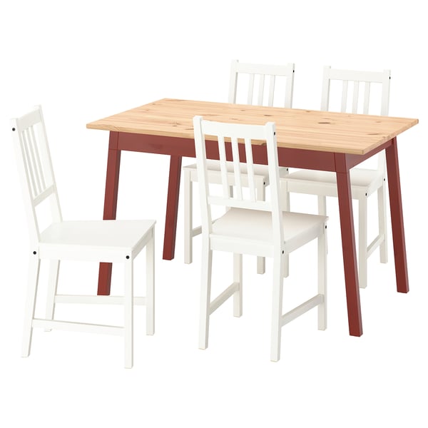 PINNTORP / STEFAN table and 4 chairs, light brown stained red stained/white, 125 cm