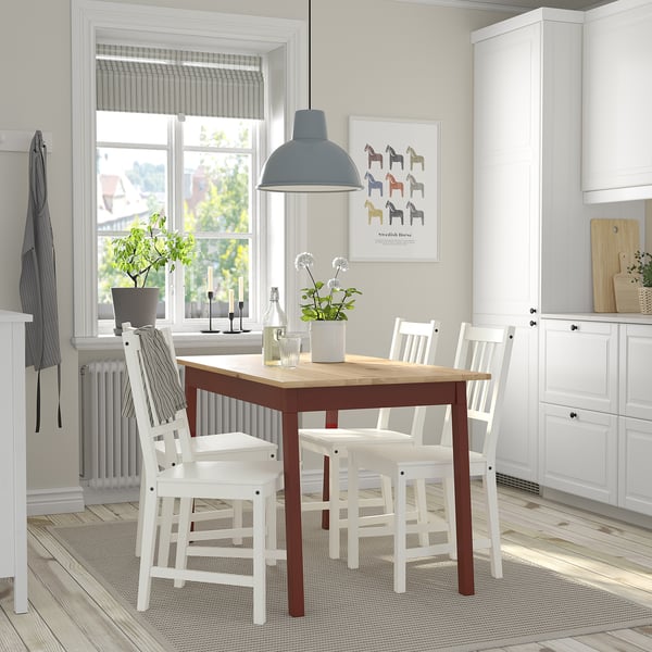 PINNTORP / STEFAN table and 4 chairs, light brown stained red stained/white, 125 cm