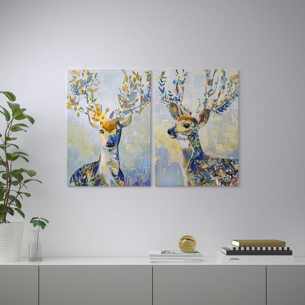PJÄTTERYD picture, colourful reindeer, 50x70 cm, 2 pack