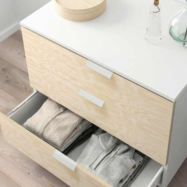 PLATSA chest of 3 drawers, white/Kalbåden lively pine effect, 80x57x73 cm
