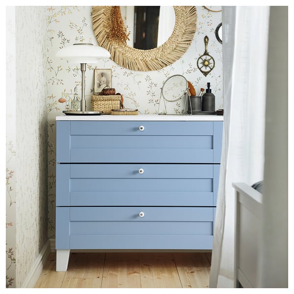PLATSA chest of 3 drawers, white/Sannidal blue, 80x57x73 cm