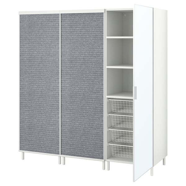 PLATSA wardrobe w 2 sliding doors+1 door, white Larkollen/dark grey STRAUMEN mirror glass, 180x57x191 cm