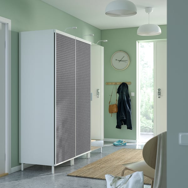 PLATSA wardrobe w 2 sliding doors+1 door, white Larkollen/dark grey STRAUMEN mirror glass, 180x57x191 cm