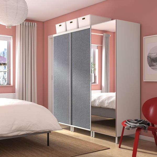 PLATSA wardrobe w 2 sliding doors+1 door, white Larkollen/dark grey STRAUMEN mirror glass, 180x57x191 cm