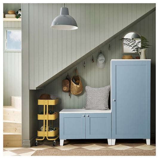 PLATSA wardrobe with 3 doors, white/Sannidal blue, 140x57x133 cm