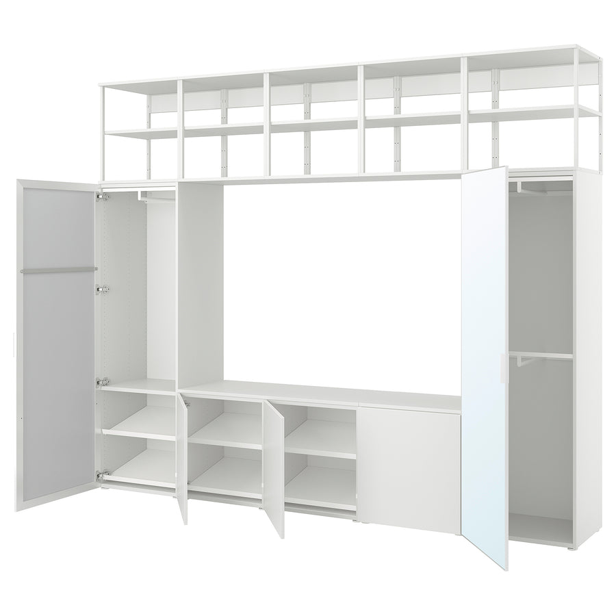 PLATSA wardrobe with 5 doors, white STRAUMEN mirror glass/FONNES white, 300x241.1x42 cm