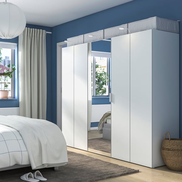 PLATSA wardrobe with 5 doors, white STRAUMEN mirror glass/FONNES white, 220x57x181 cm