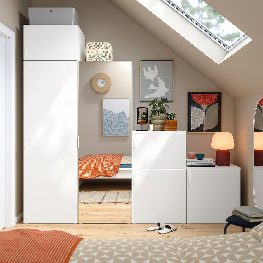 PLATSA wardrobe w 6 doors, white STRAUMEN mirror glass/FONNES white, 240x57x221 cm