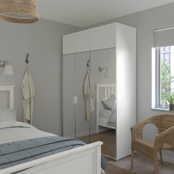 PLATSA wardrobe w 6 doors, white STRAUMEN mirror glass/SANNIDAL white, 140x57x221 cm