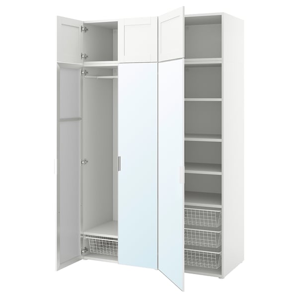 PLATSA wardrobe w 6 doors, white STRAUMEN mirror glass/SANNIDAL white, 140x57x221 cm