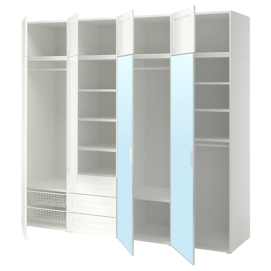 PLATSA wardrobe with 8 doors+3 drawers, white STRAUMEN mirror glass/SANNIDAL white, 240x57x221 cm