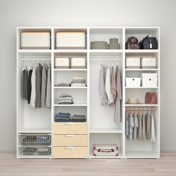 PLATSA wardrobe with 9 doors+3 drawers, white Kalbåden/lively pine effect FONNES white, 240x57x221 cm