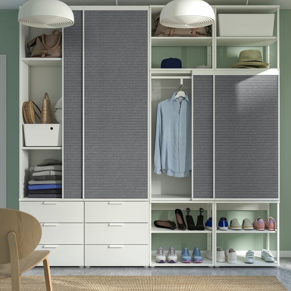 PLATSA open wardrobe w 4 sliding drs+6 dr, white Larkollen/dark grey FONNES white, 240x42x241 cm