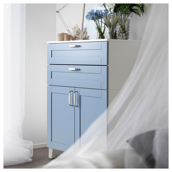 PLATSA cabinet with 2 doors and 2 drawers, white/Sannidal blue, 80x57x113 cm