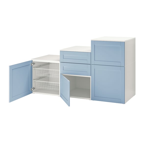 PLATSA cabinet with doors and drawers, white/Sannidal blue, 180x57x103 cm