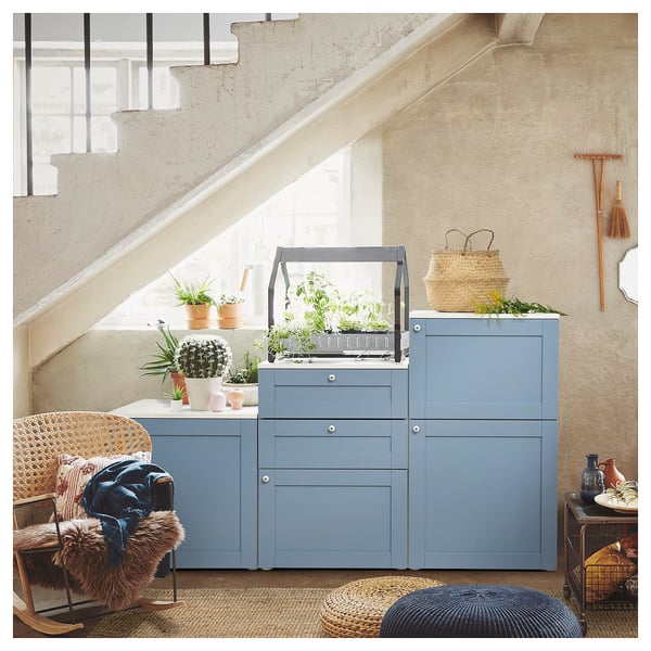 PLATSA cabinet with doors and drawers, white/Sannidal blue, 180x57x103 cm