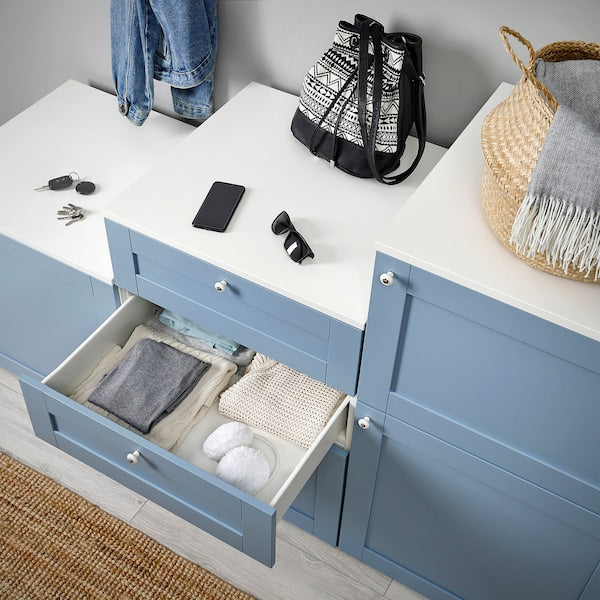 PLATSA cabinet with doors and drawers, white/Sannidal blue, 180x57x103 cm