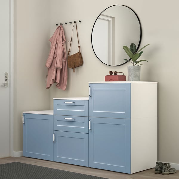 PLATSA cabinet with doors and drawers, white/Sannidal blue, 180x57x103 cm