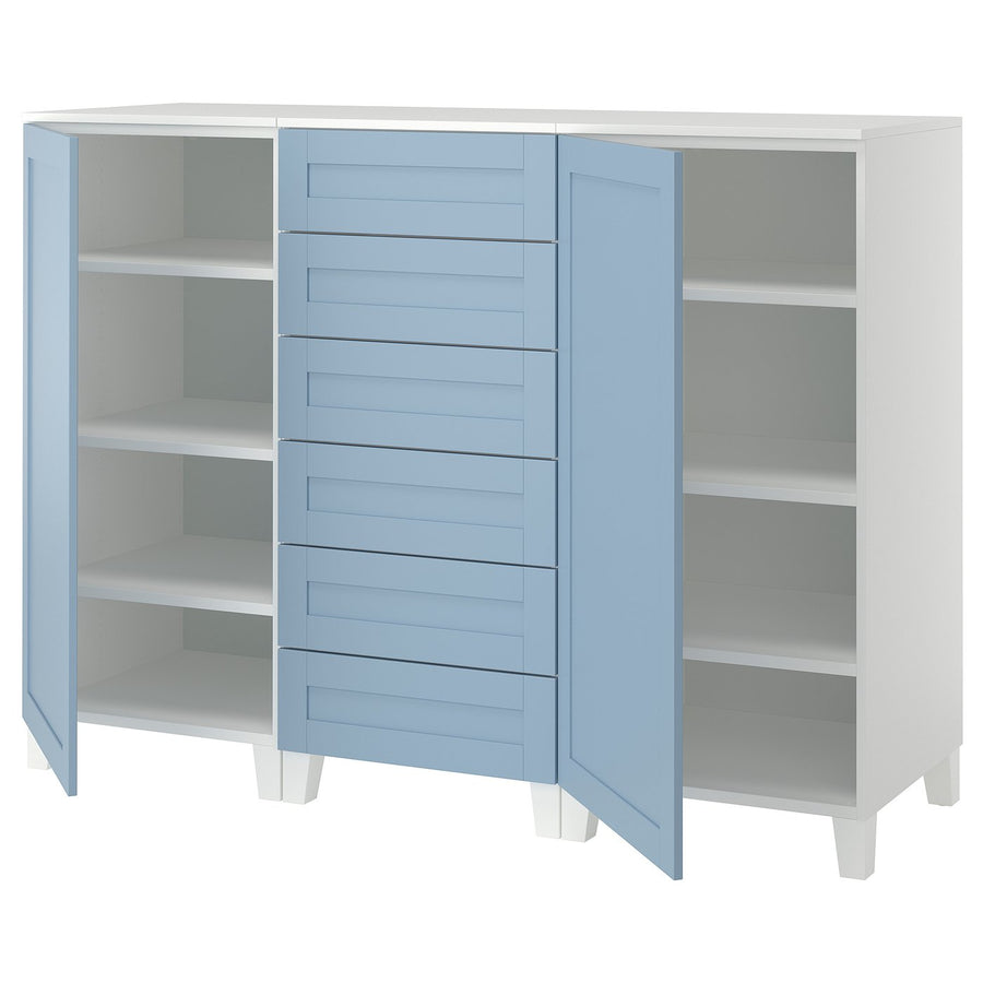 PLATSA cabinet with doors and drawers, white Sannidal/blue, 180x57x133 cm
