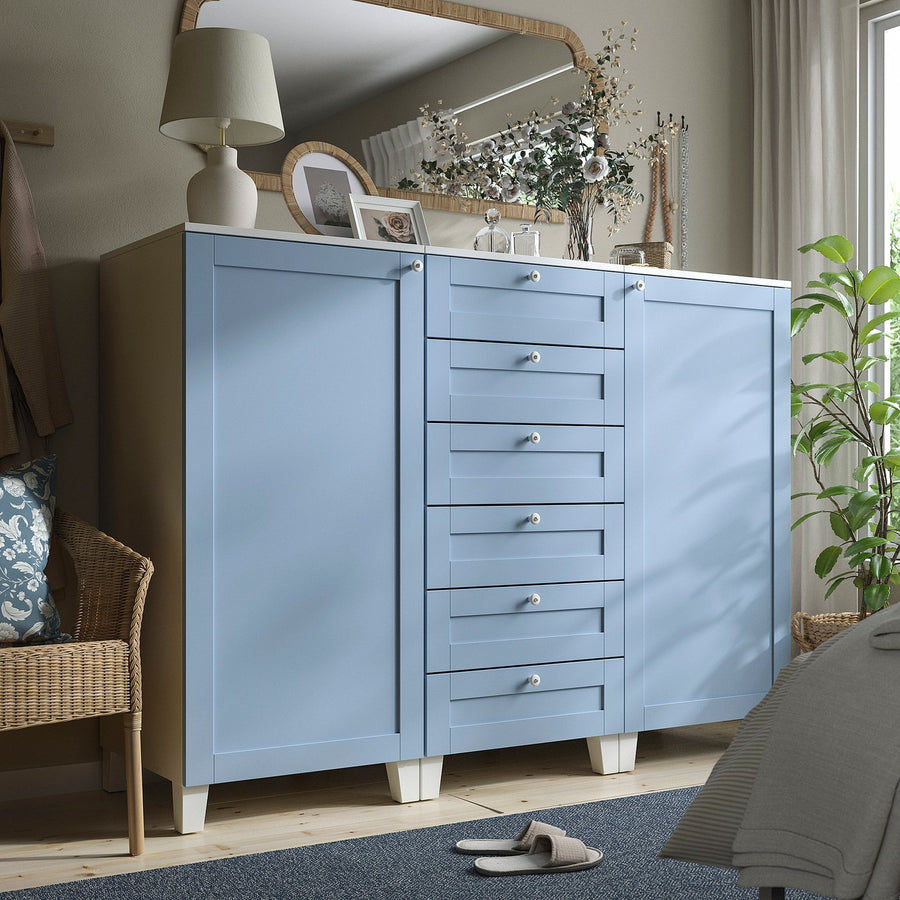 PLATSA cabinet with doors and drawers, white Sannidal/blue, 180x57x133 cm