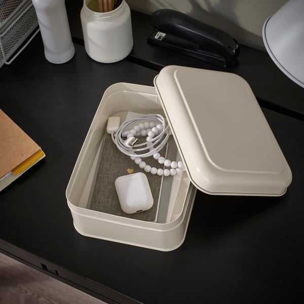 PLOGFÅRA storage box with lid, light beige, 22x16x8 cm