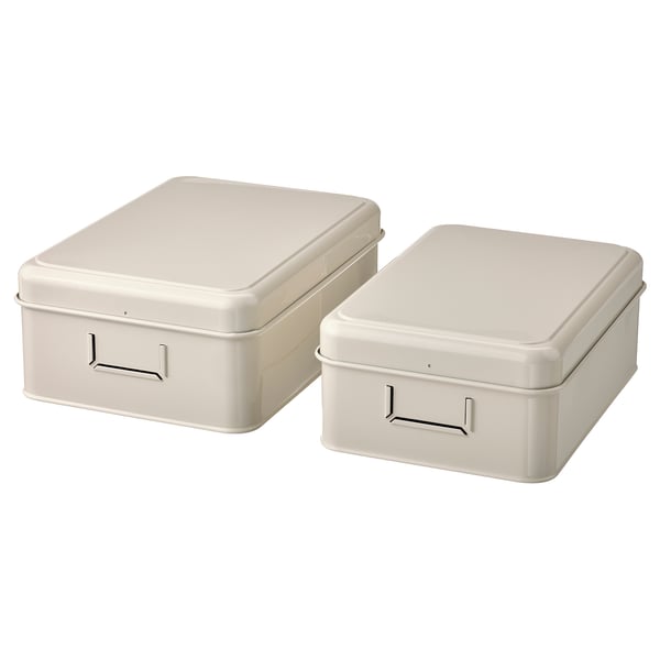 PLOGFÅRA storage box with lid, set of 2, light beige