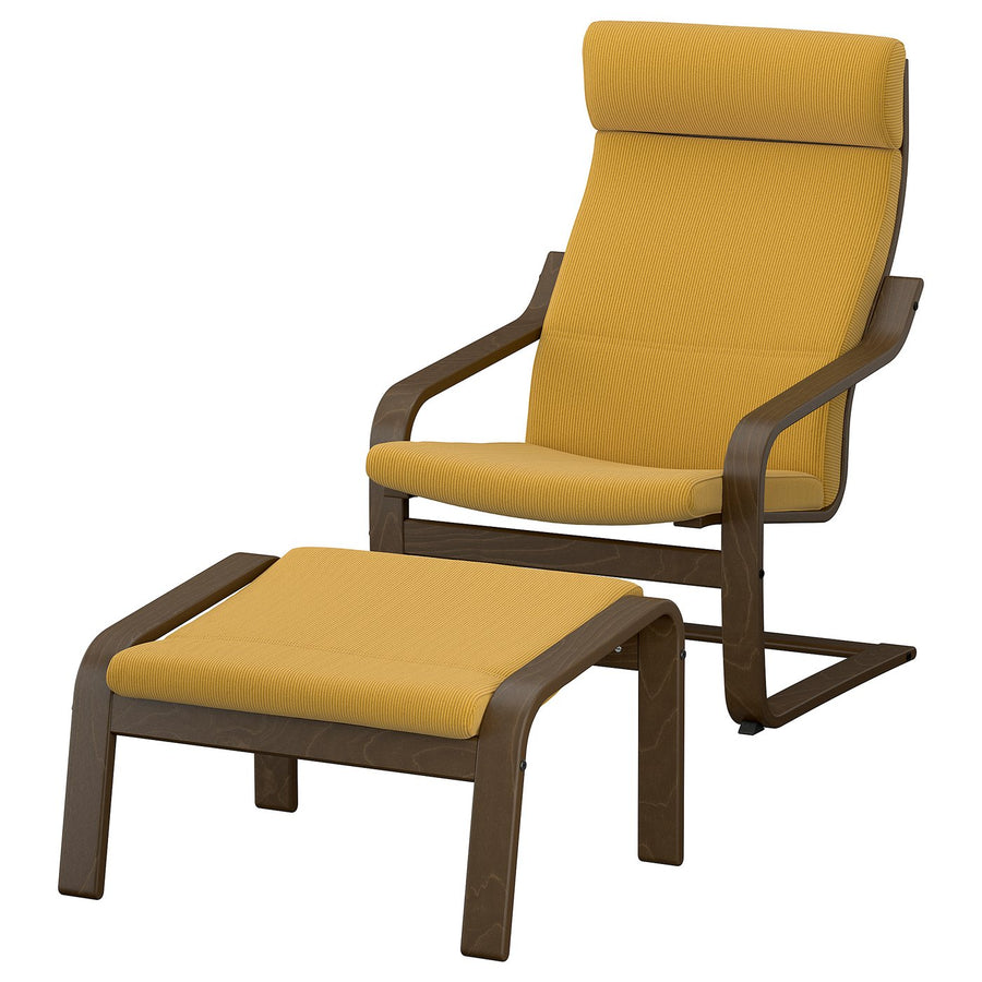 POÄNG armchair and footstool, walnut effect/Kelinge dark yellow