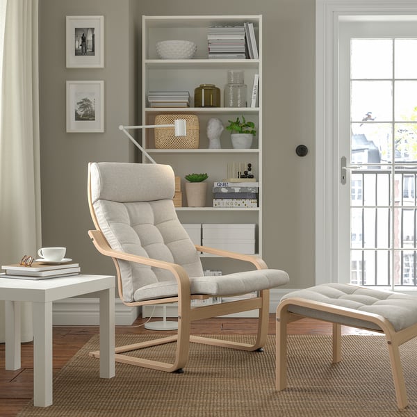 POÄNG armchair and footstool, white stained oak veneer/Gunnared beige