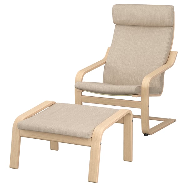 POÄNG armchair and footstool, white stained oak veneer/Hillared beige