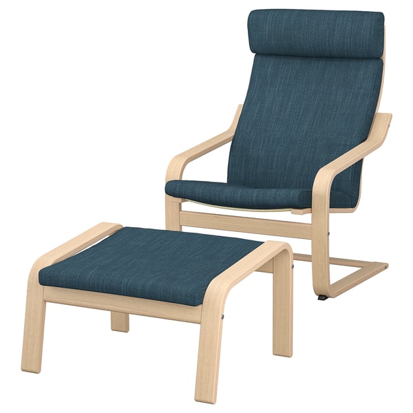 POÄNG armchair and footstool, white stained oak veneer/Hillared dark blue