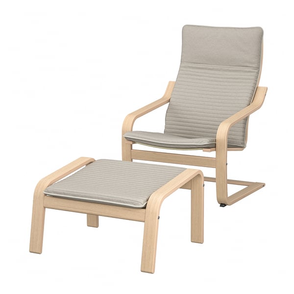 POÄNG armchair and footstool, white stained oak veneer/Knisa light beige