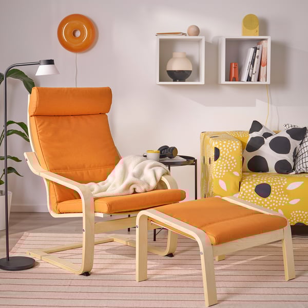 POÄNG armchair and footstool, birch veneer/Knisa bright orange