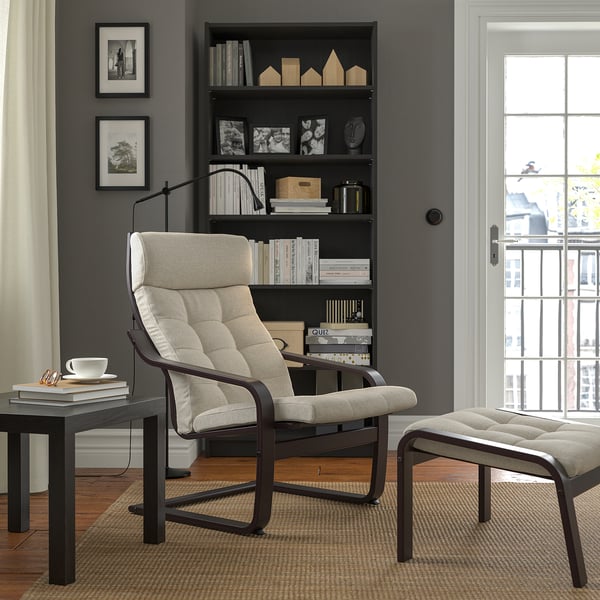 POÄNG armchair and footstool, black-brown/Gunnared beige