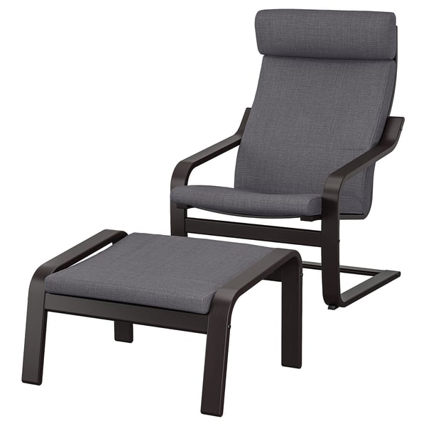 POÄNG armchair and footstool, black-brown/Skiftebo dark grey