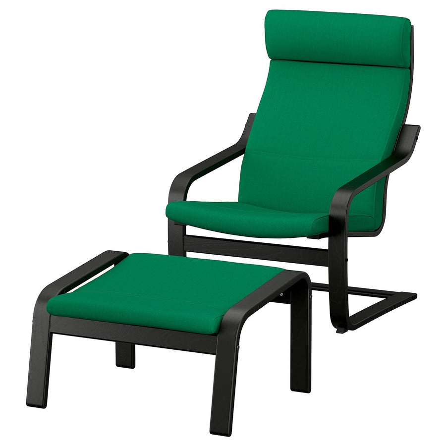 POÄNG armchair and footstool, black/Vissle deep green