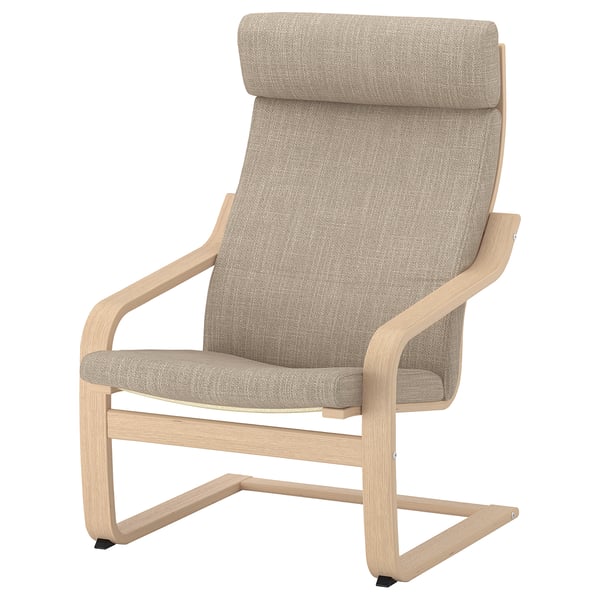 POÄNG armchair, white stained oak veneer/Hillared beige, 56x100x82 cm
