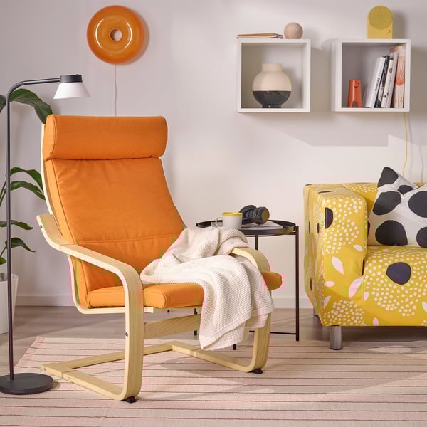 POÄNG armchair, white stained oak veneer/Knisa bright orange, 56x100x82 cm