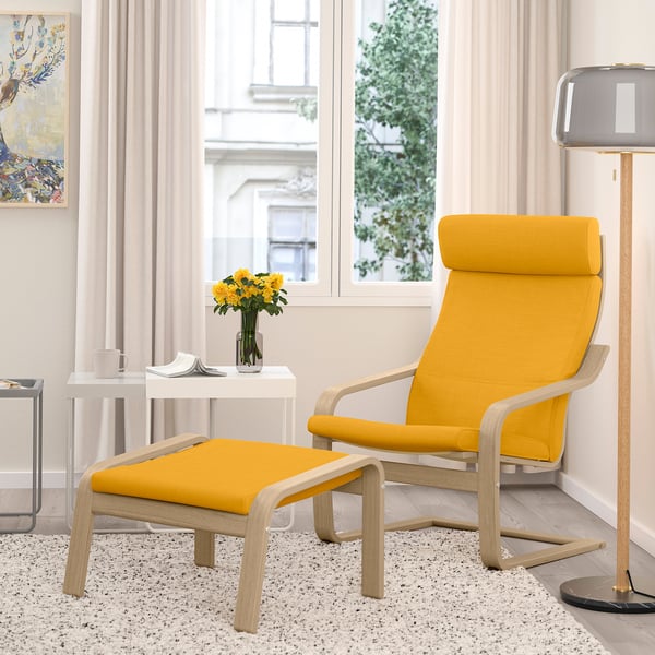 POÄNG armchair, white stained oak veneer/Skiftebo yellow, 68x100x82 cm