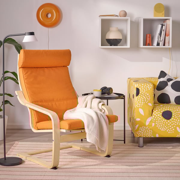 POÄNG armchair, birch veneer/Knisa bright orange, 56x100x82 cm