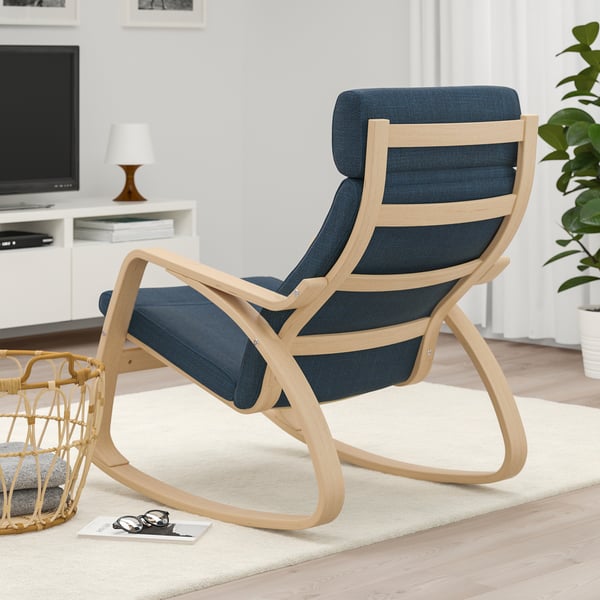 POÄNG rocking-chair, white stained oak veneer/Hillared dark blue, 68x95x94 cm