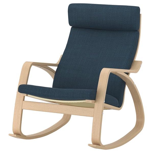 POÄNG rocking-chair, white stained oak veneer/Hillared dark blue, 68x95x94 cm