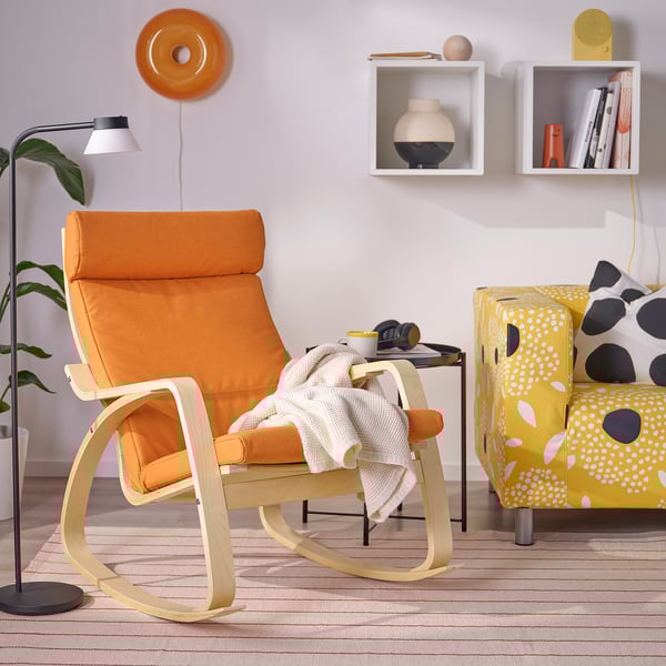 POÄNG rocking-chair, birch veneer/Knisa bright orange, 56x95x94 cm