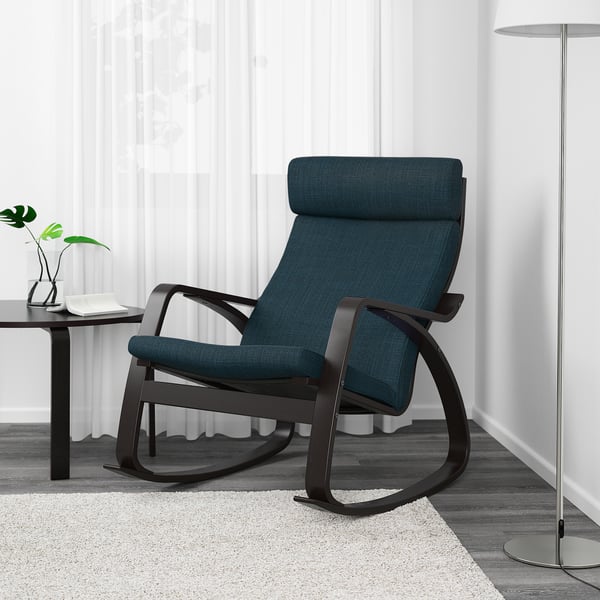 POÄNG rocking-chair, black-brown/Hillared dark blue, 56x95x94 cm