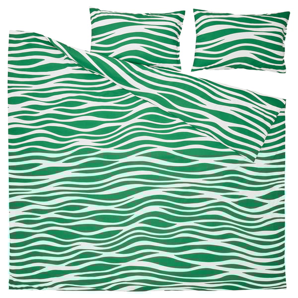PORTLAKMÅLLA duvet cover and 2 pillowcases, green/white, 240x220/50x80 cm