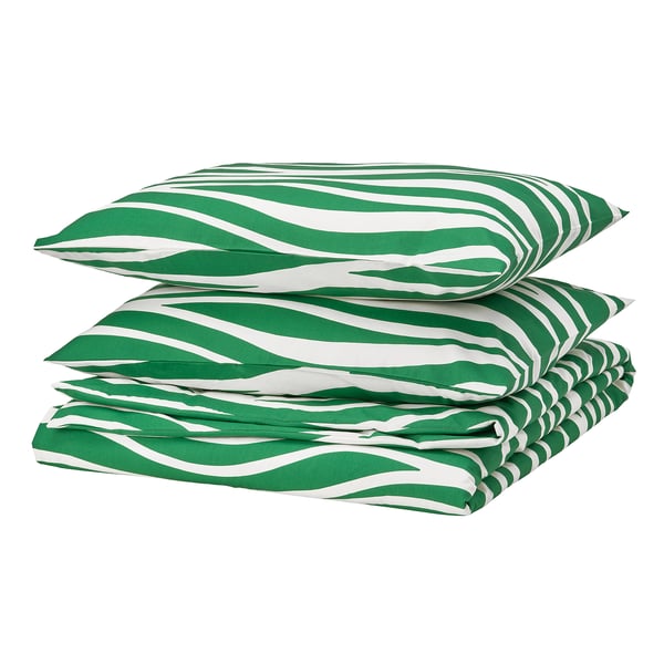 PORTLAKMÅLLA duvet cover and 2 pillowcases, green/white, 240x220/50x80 cm