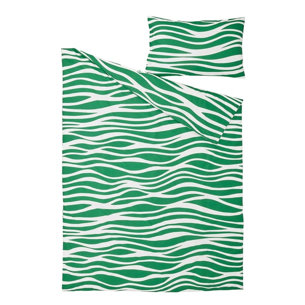 PORTLAKMÅLLA duvet cover and pillowcase, green/white, 150x200/50x80 cm
