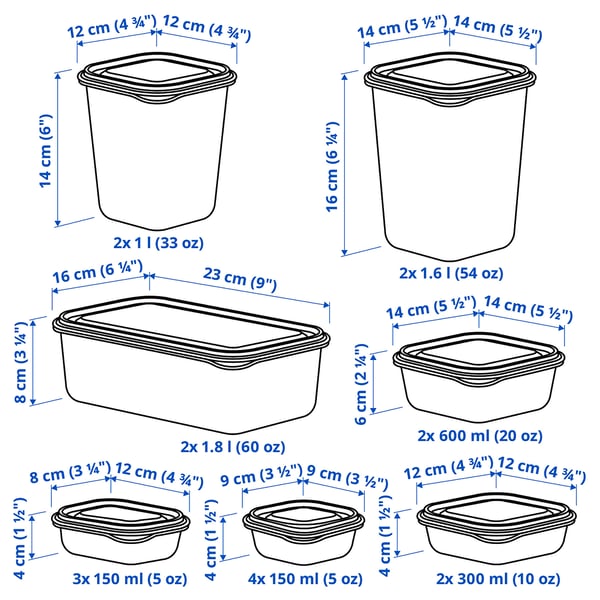 PRUTA food container with lid, set of 17, green