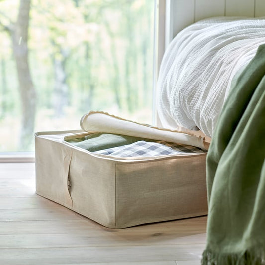 PURRPINGLA storage case, textile/beige, 43x53x19 cm
