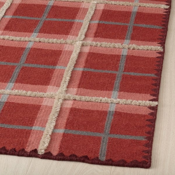 Ikea PYSSLINGGRÄS - Rug, flatwoven, red check/handmade, 170x240 cm