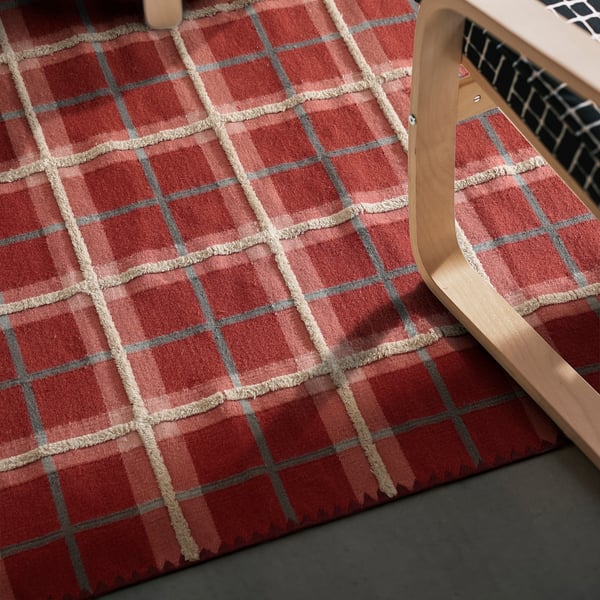 PYSSLINGGRÄS rug, flatwoven, red check/handmade, 240x170 cm